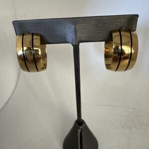Vintage Goldtone Wide Hoop Black Line Gold Tone Earrings